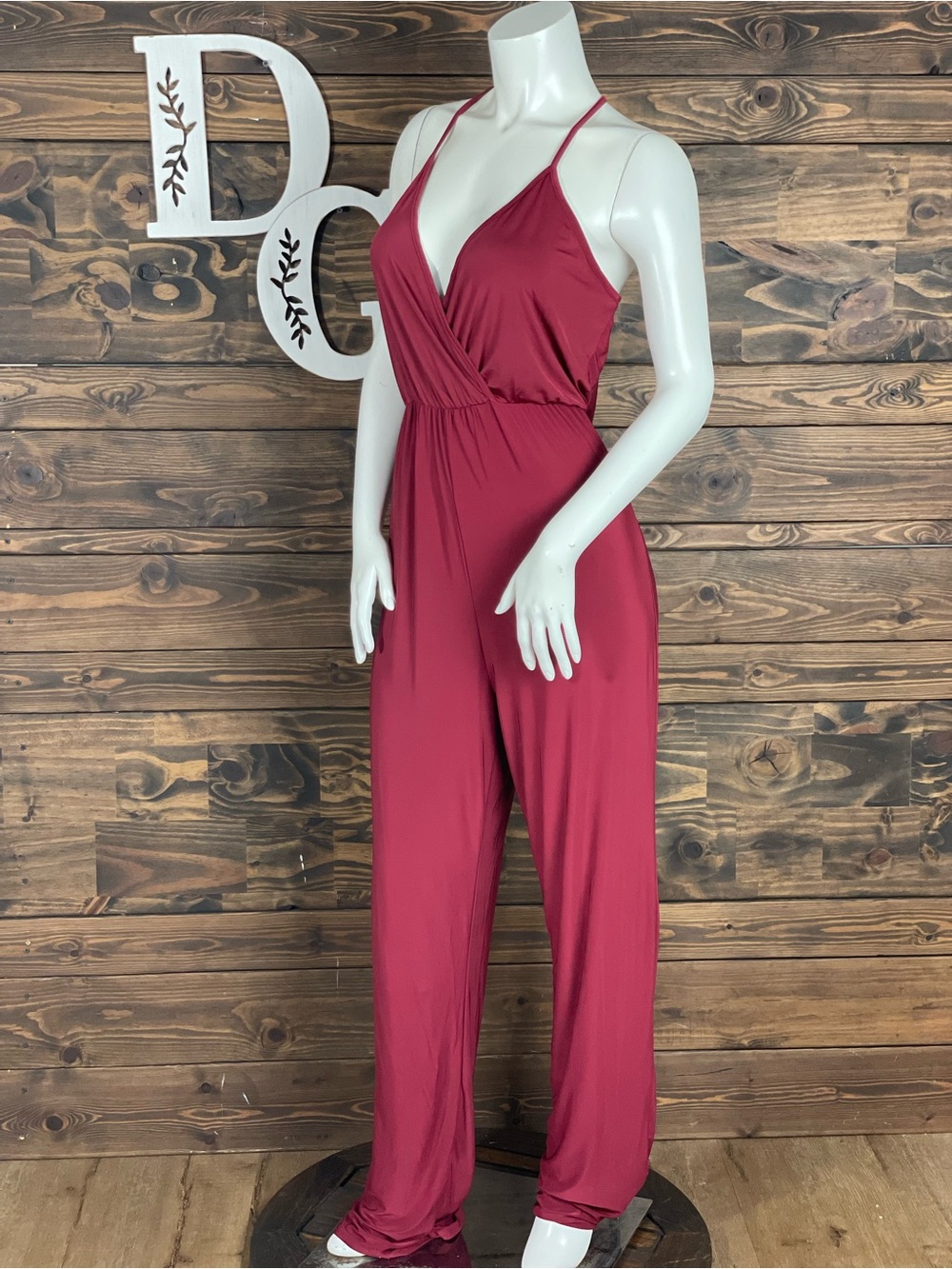 Boohoo Sleeveless Surplice Jumpsuit Wine Red Jersey Knit Flowy Open Strappy Back